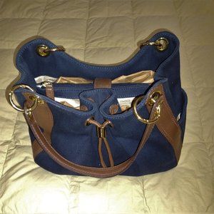 Michael Kors Gathered Drawstring Pocket Navy Blue Canvas Tote  $45